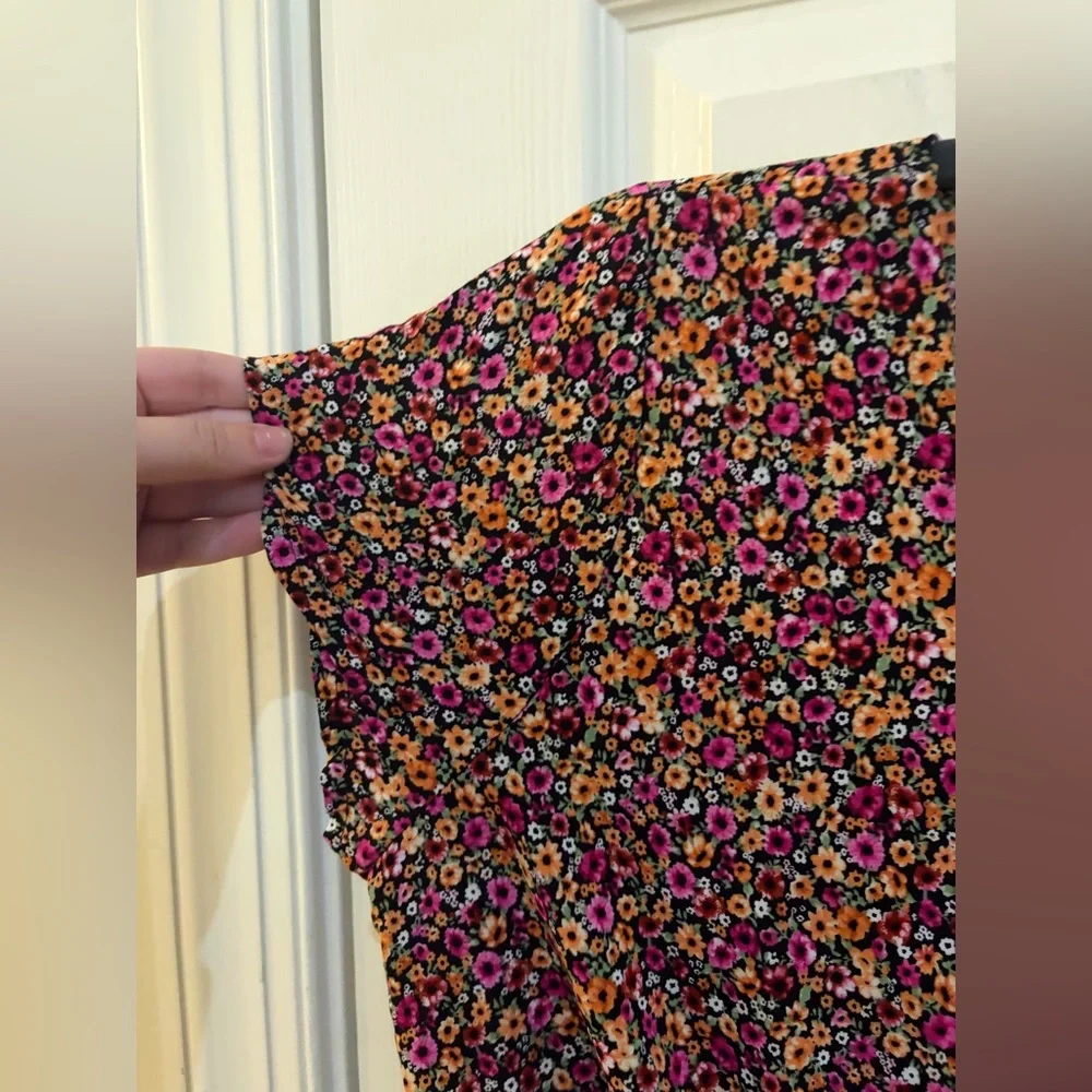 Passport Floral Mini Dress Size L Boho Cottagecore Rayon Pink Orange Black - Picture 3 of 8